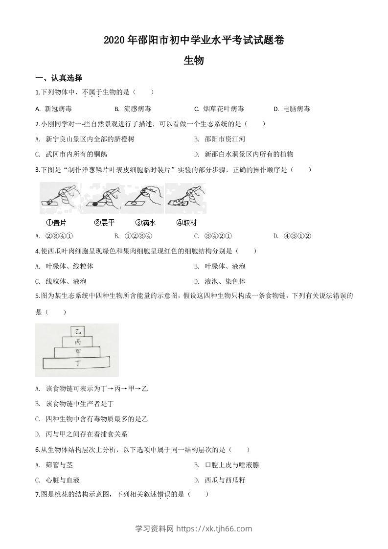 湖南省邵阳市2020年中考生物试题（空白卷）-学习资料站