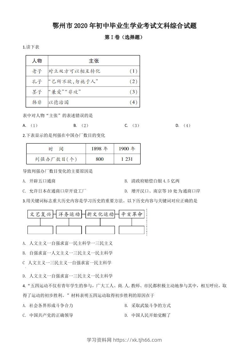湖北省鄂州市2020年中考历史试题（空白卷）-学习资料站