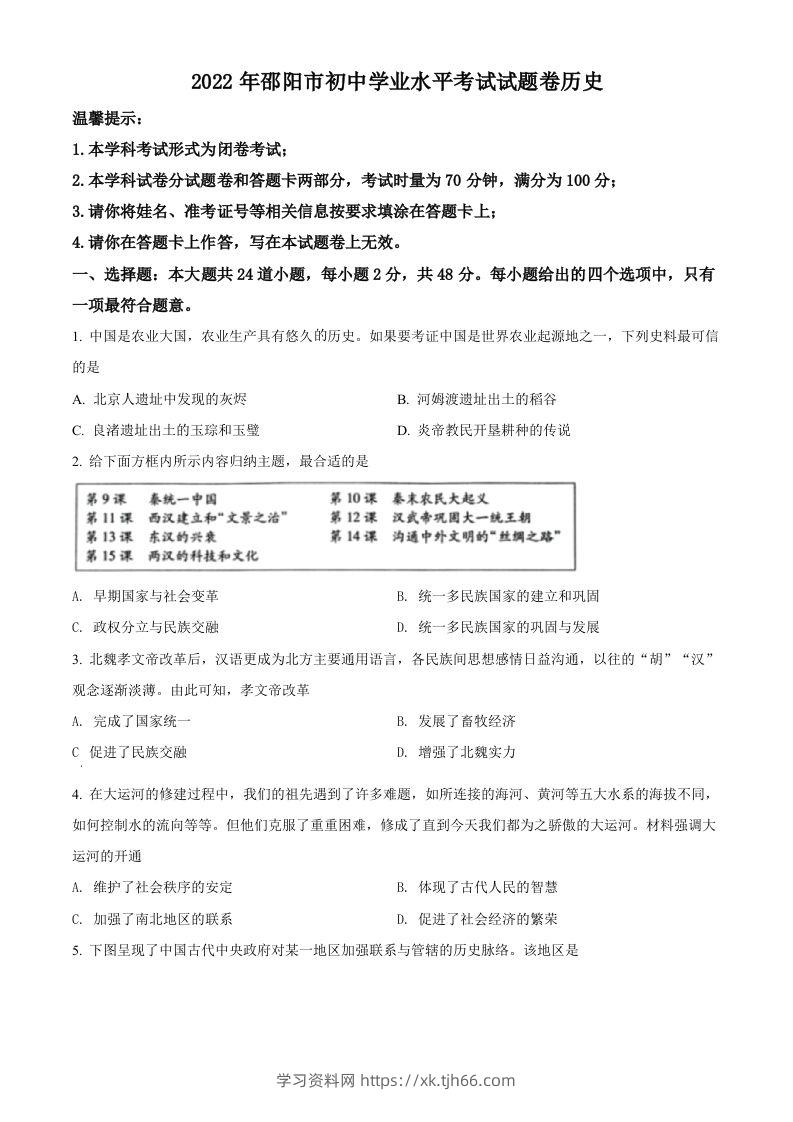 2022年湖南省邵阳市中考历史真题（空白卷）-学习资料站