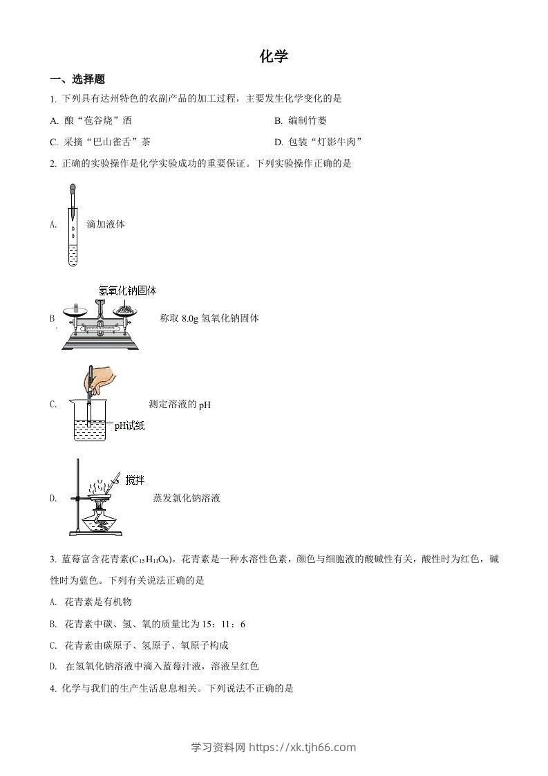 2022年四川省达州市中考化学真题（空白卷）-学习资料站