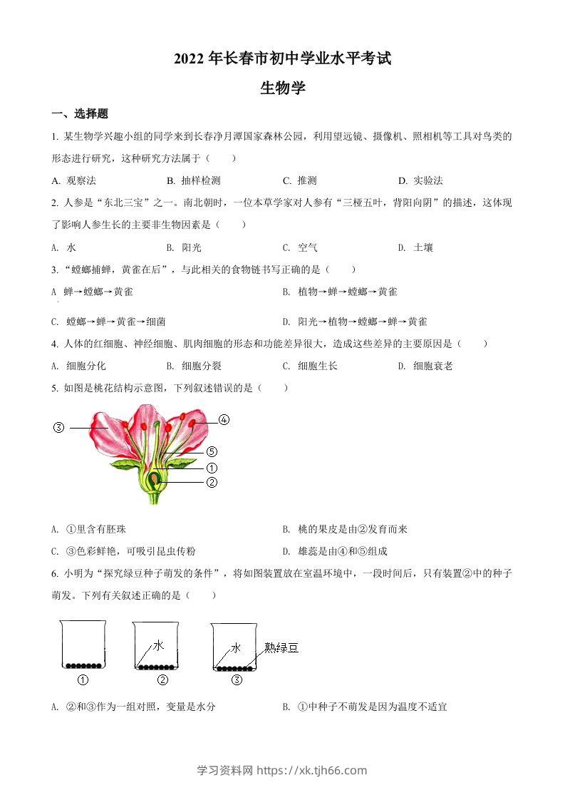 2022年吉林省长春市中考生物真题（空白卷）-学习资料站