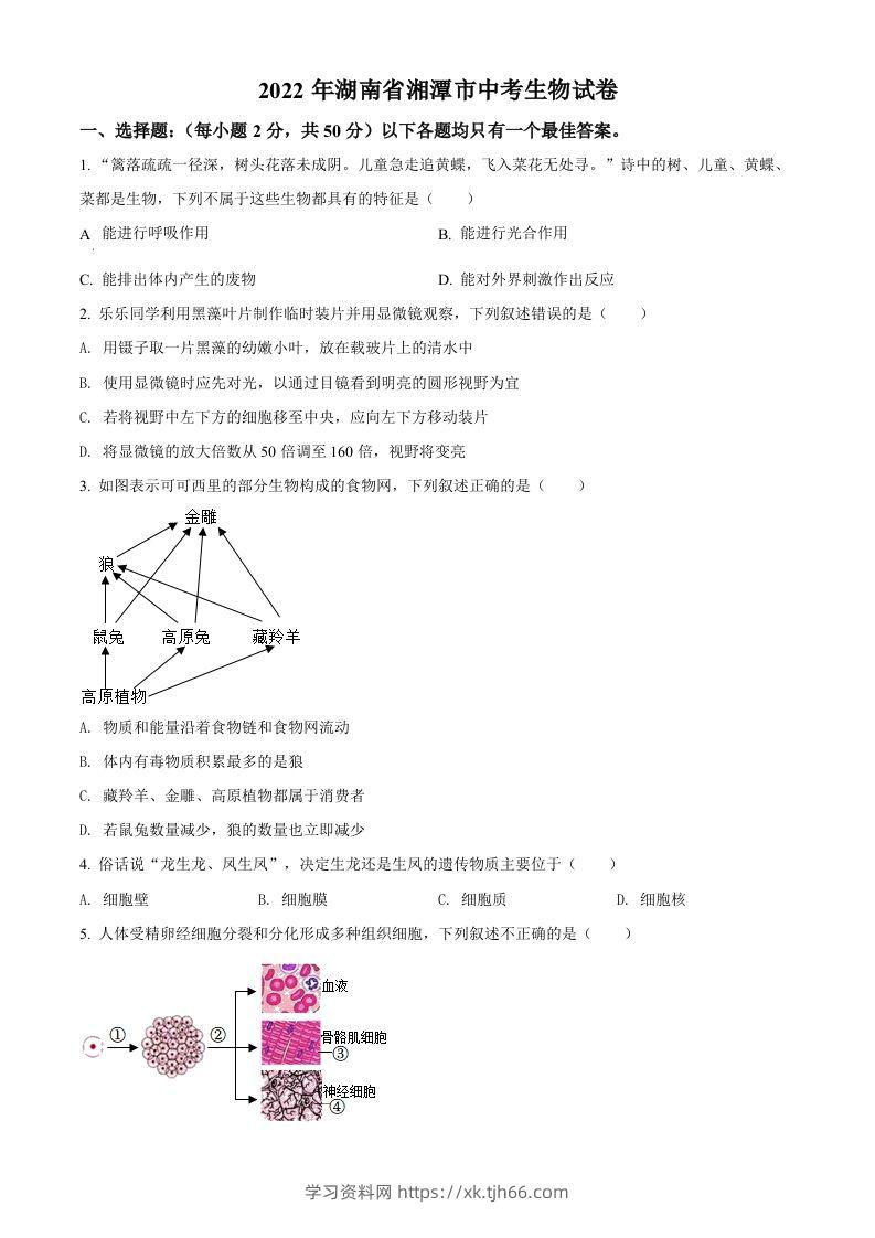 2022年湖南省湘潭市中考生物试题（空白卷）-学习资料站