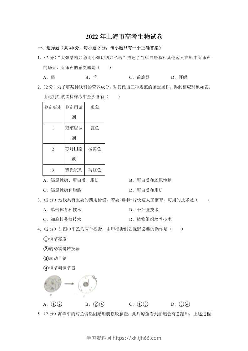 2022年高考生物试卷（上海）（空白卷）-学习资料站