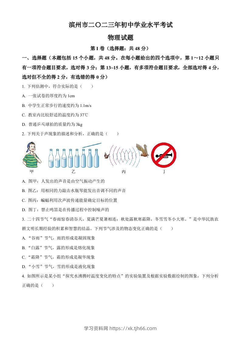 2023年山东省滨州市中考物理试题（空白卷）-学习资料站