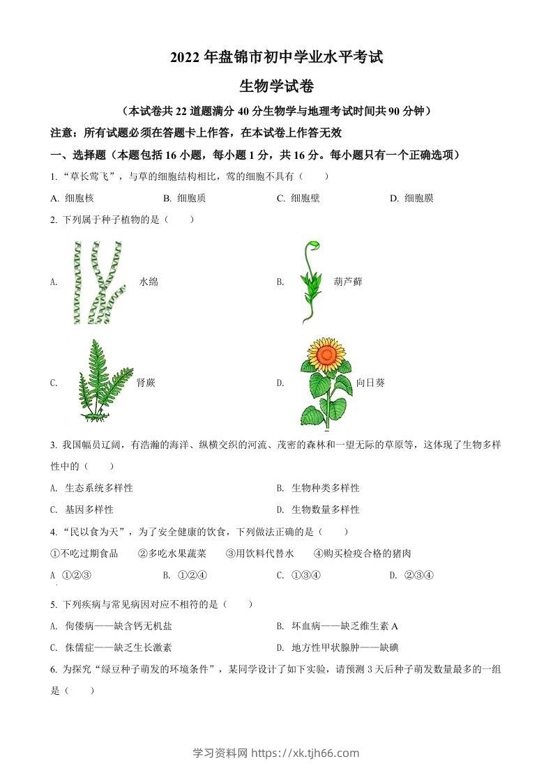 2022年辽宁省盘锦市中考生物真题（空白卷）-学习资料站