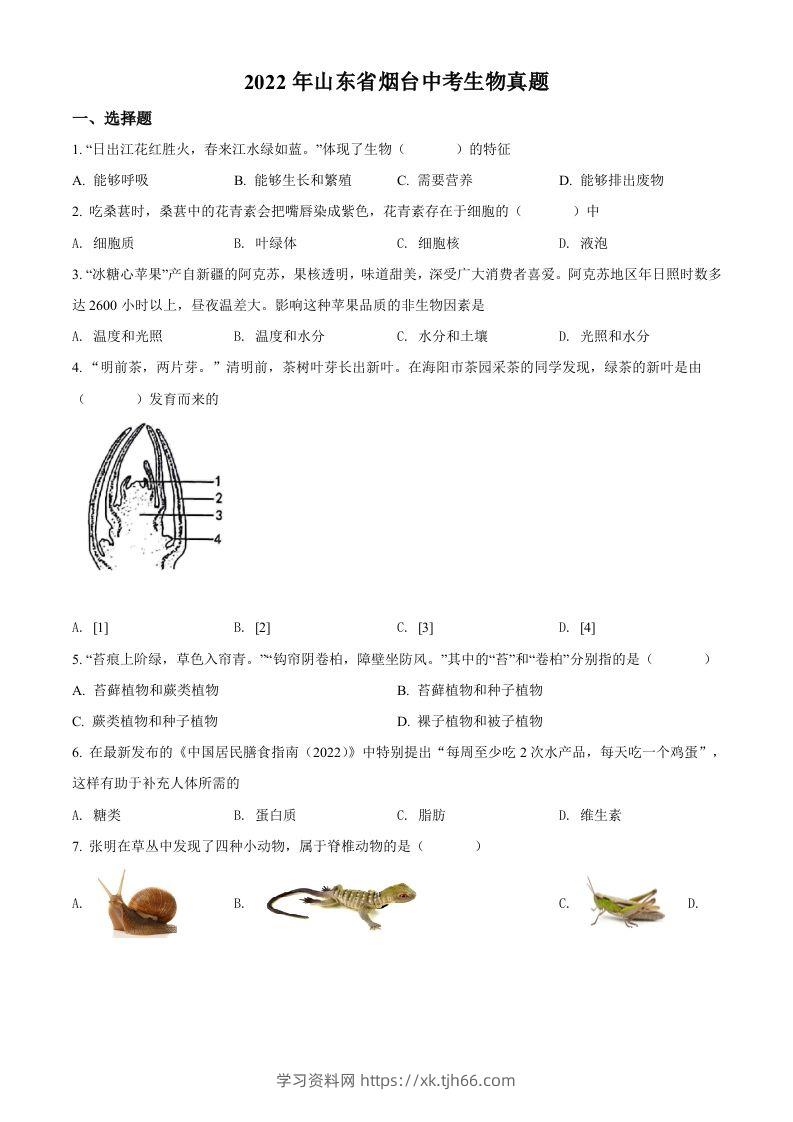 2022年山东省烟台中考生物真题（空白卷）-学习资料站