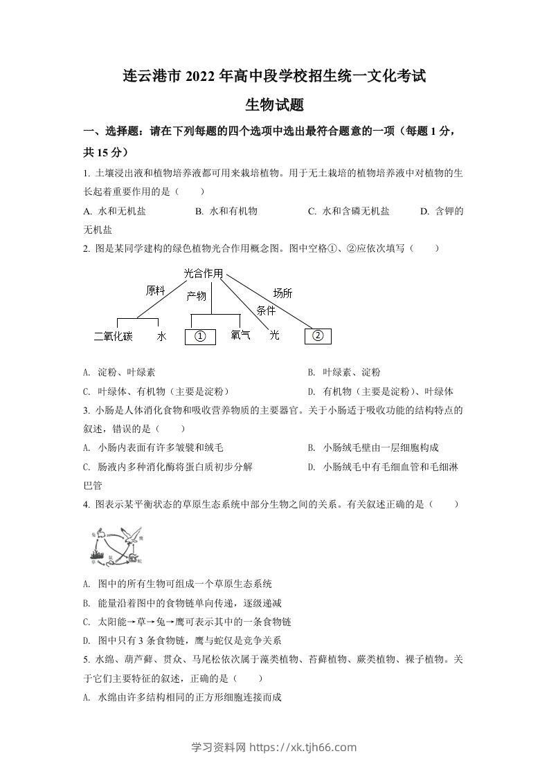 2022年江苏省连云港市中考生物真题（空白卷）-学习资料站