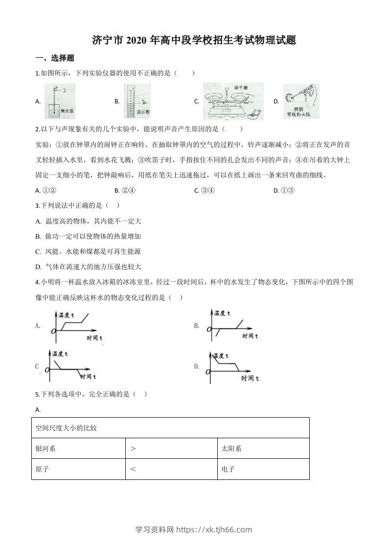 2020年山东省济宁市中考物理试题（高中段学校招生考试物理试题)（空白卷）-学习资料站