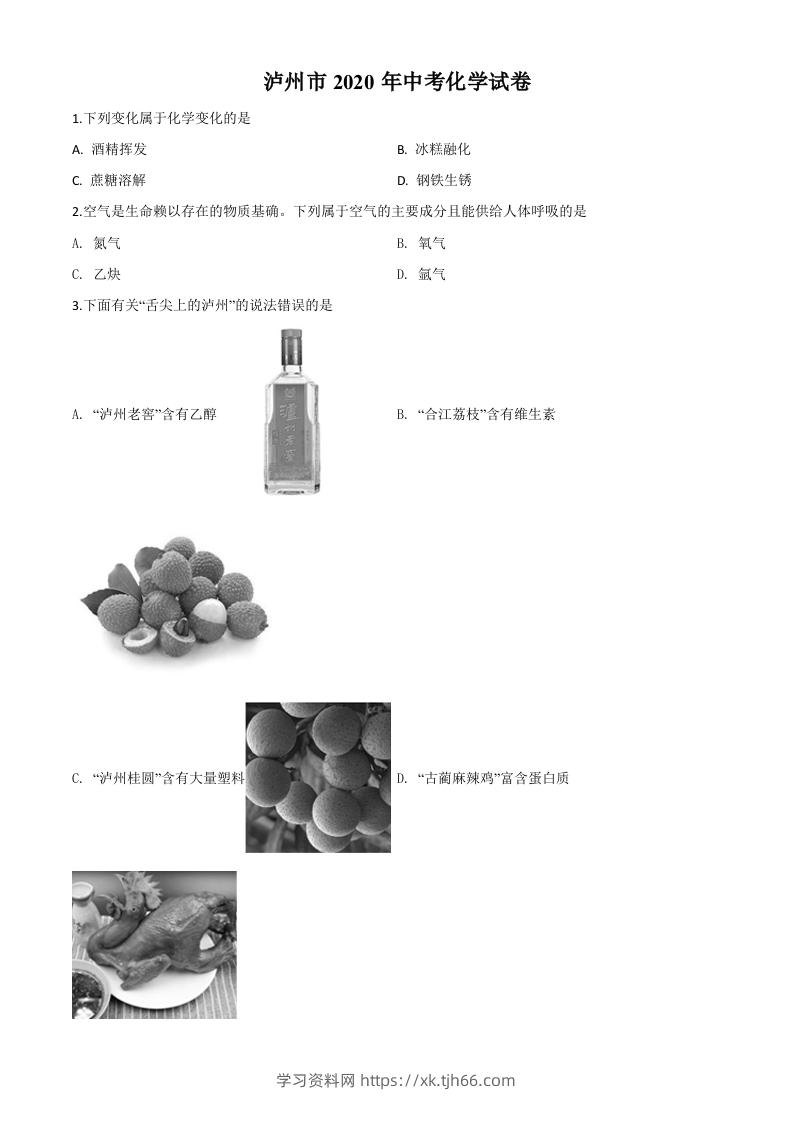 四川省泸州市2020年中考化学试题（空白卷）-学习资料站