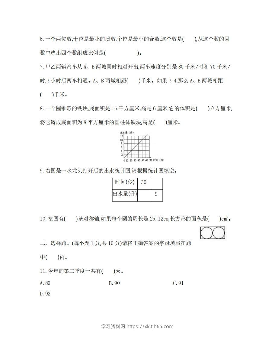 图片[2]-六（下）广东省数学小升初测试卷-学习资料站