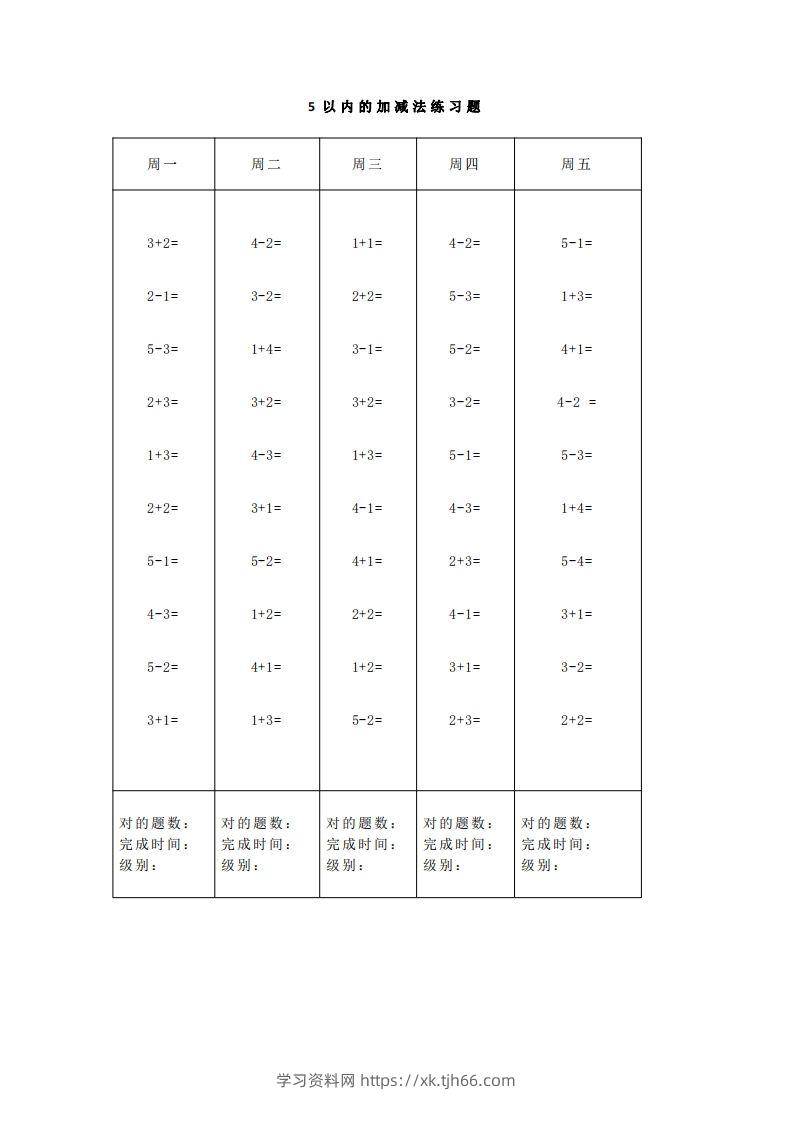 【数学】一（上）5、10、20以内口算天天练大全-学习资料站