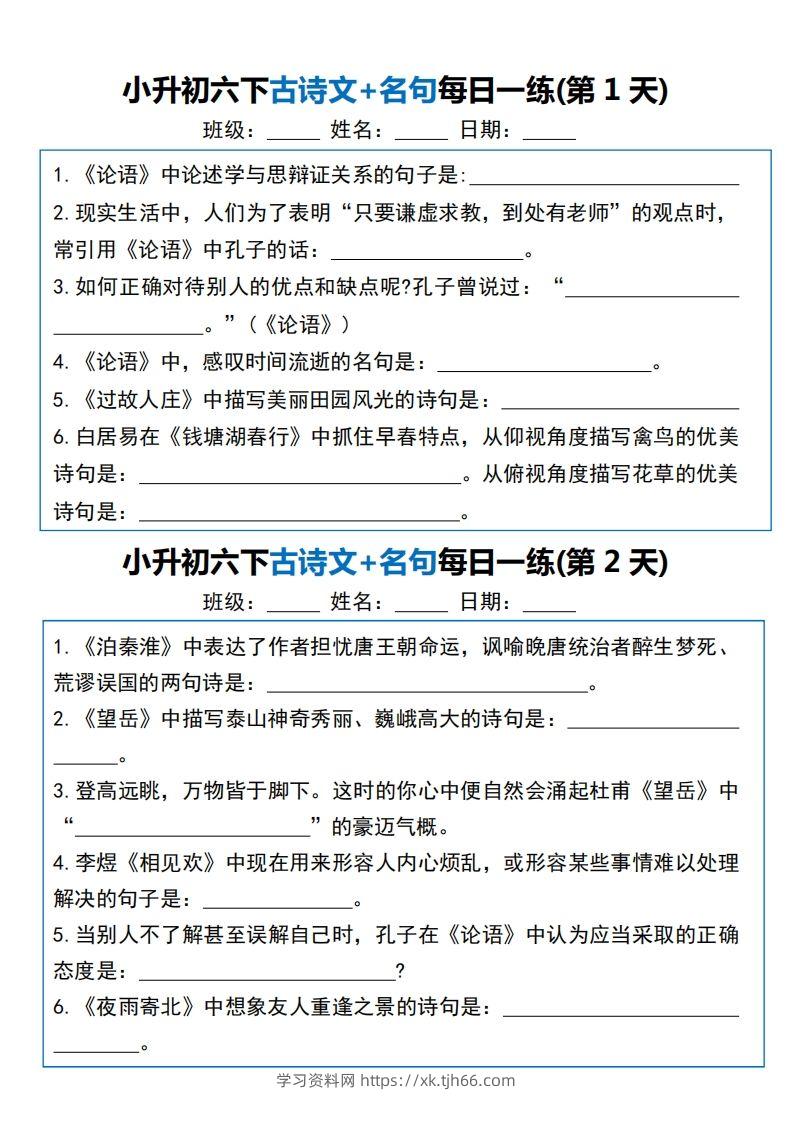 六年级语文下册（小升初）古诗文+名句每日一练20天-学习资料站