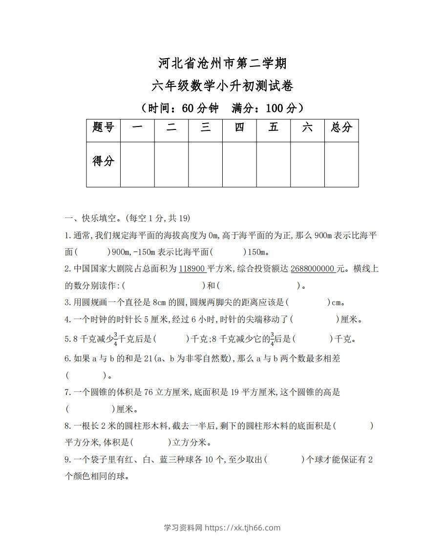 六（下）河北省数学小升初测试卷-学习资料站
