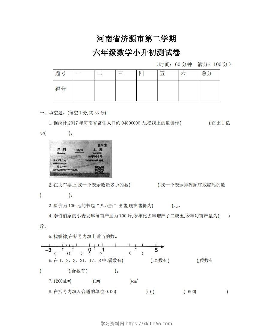 六（下）河南省数学小升初测试卷-学习资料站