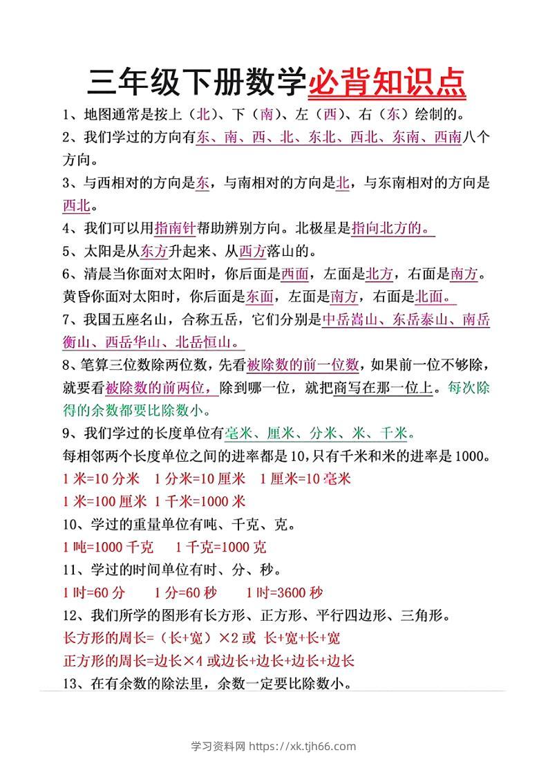 三年级下册数学必背重点知识-学习资料站