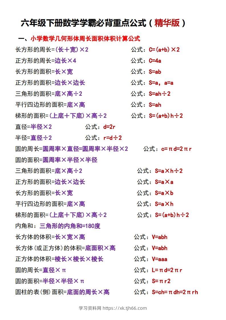 六下数学学霸必背重点公式-学习资料站
