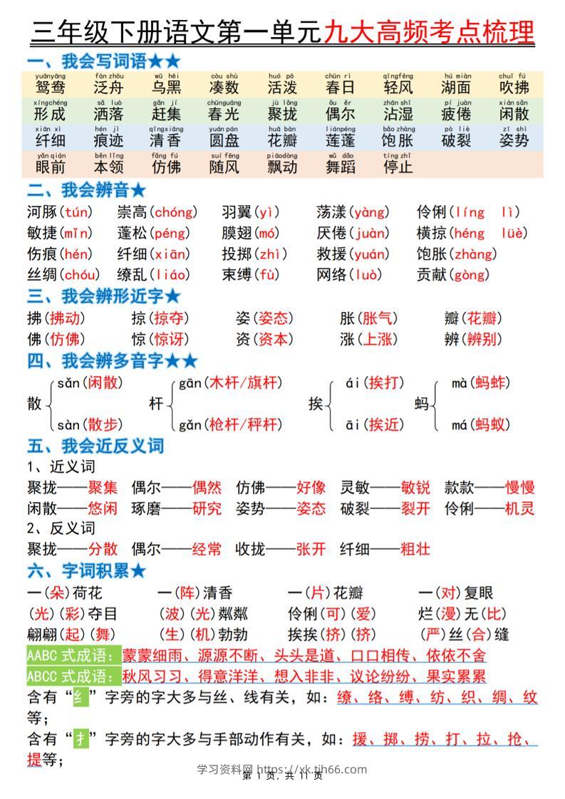 三下语文期中复习1-4单元高频考点梳理（11页）-学习资料站