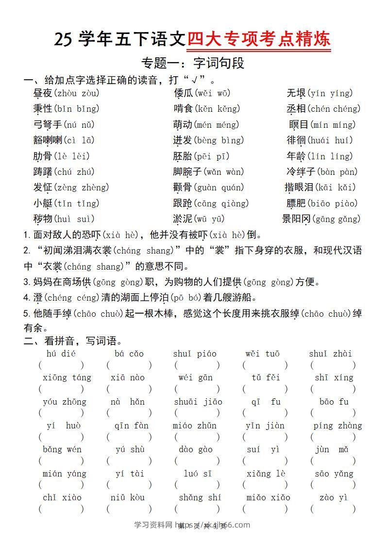25学年五下语文四大专项考点精炼（专题一：字词句段）-学习资料站