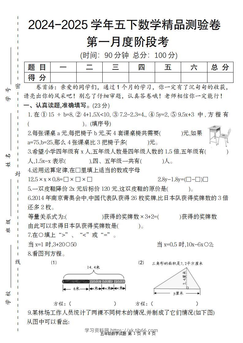 【苏教版】2024-2025学年五下数学第一月度阶段考精品测验卷-学习资料站