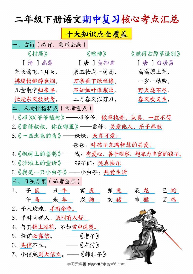 二下语文期中复习核心考点汇总（10大知识点）13页-学习资料站