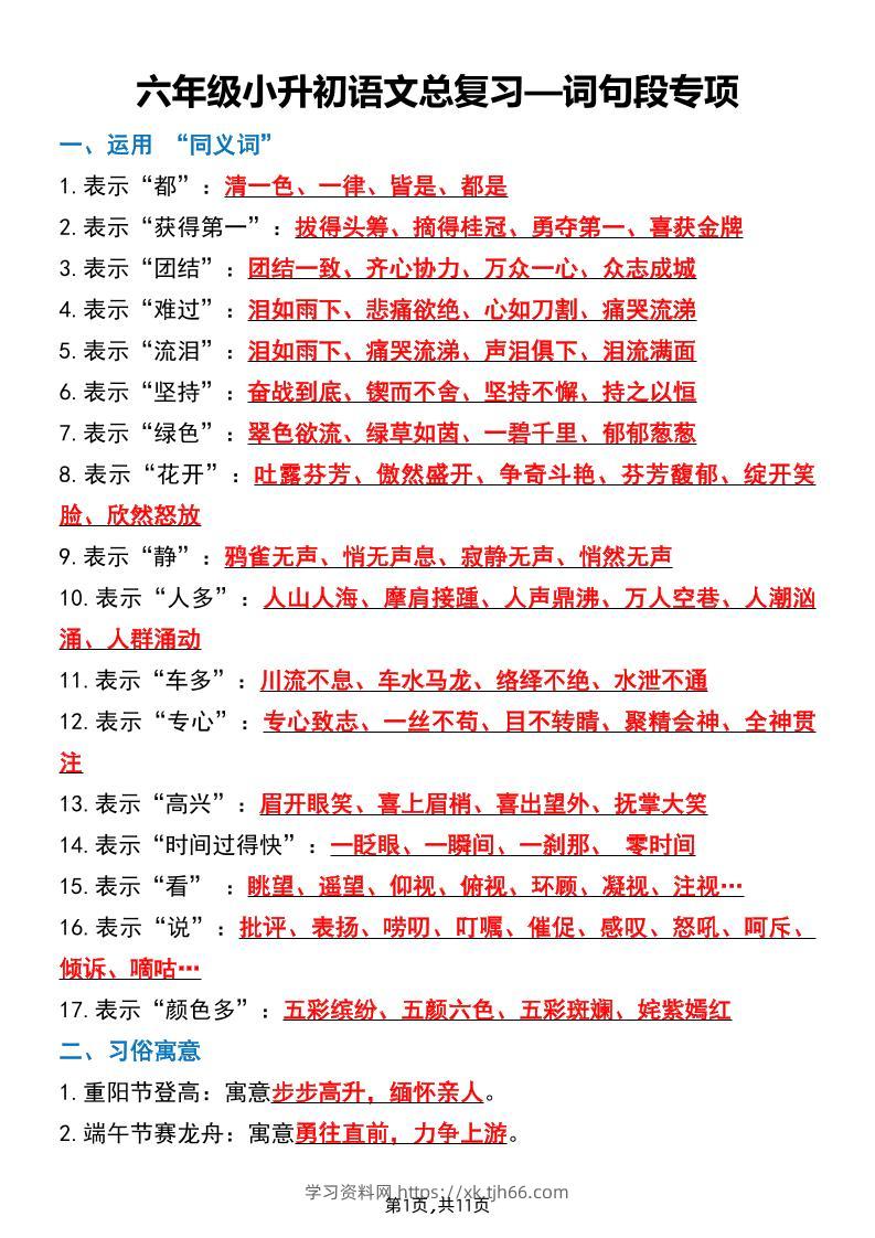 六下小升初语文词句段专项总复习-学习资料站