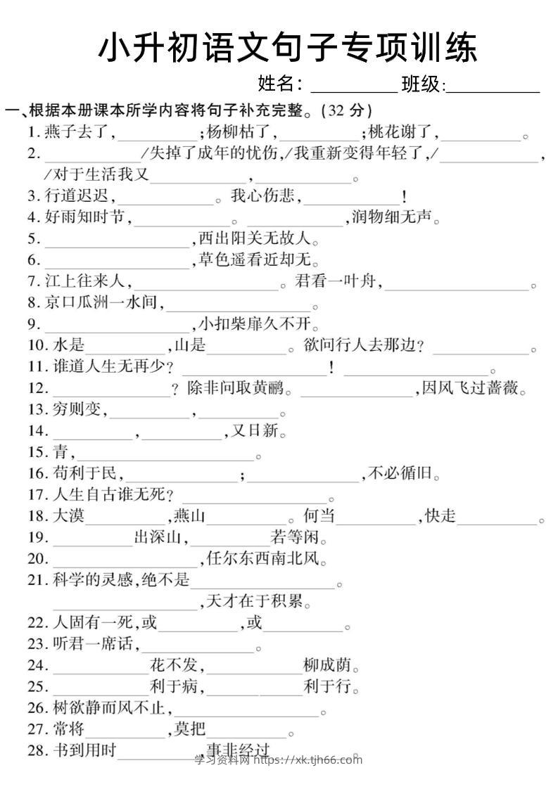 六下小升初语文句子专项训练-学习资料站