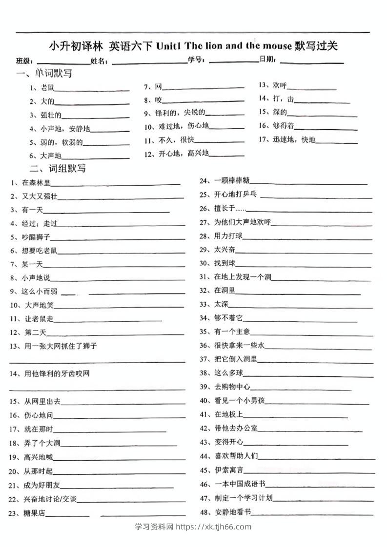 六下英语小升初《英语单元默写单》译林版-学习资料站