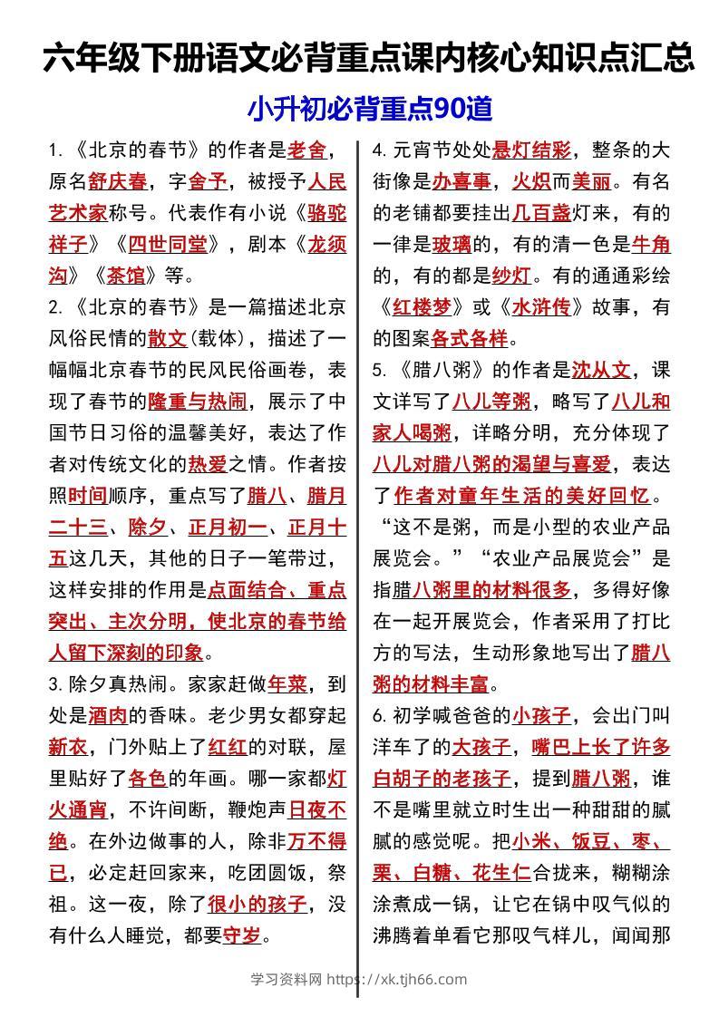 六下语文《语文必背重点课内核心知识点汇总小升初必背重点90道》-学习资料站