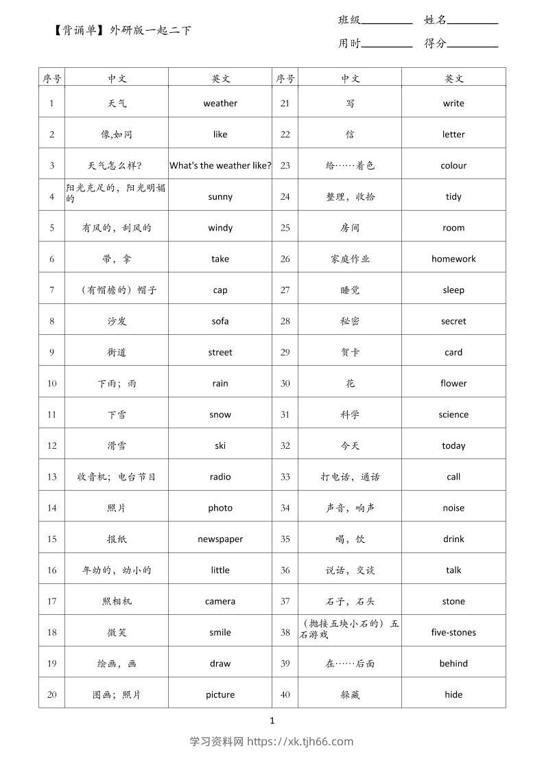 【背诵单】外研版一起二下英语-学习资料站