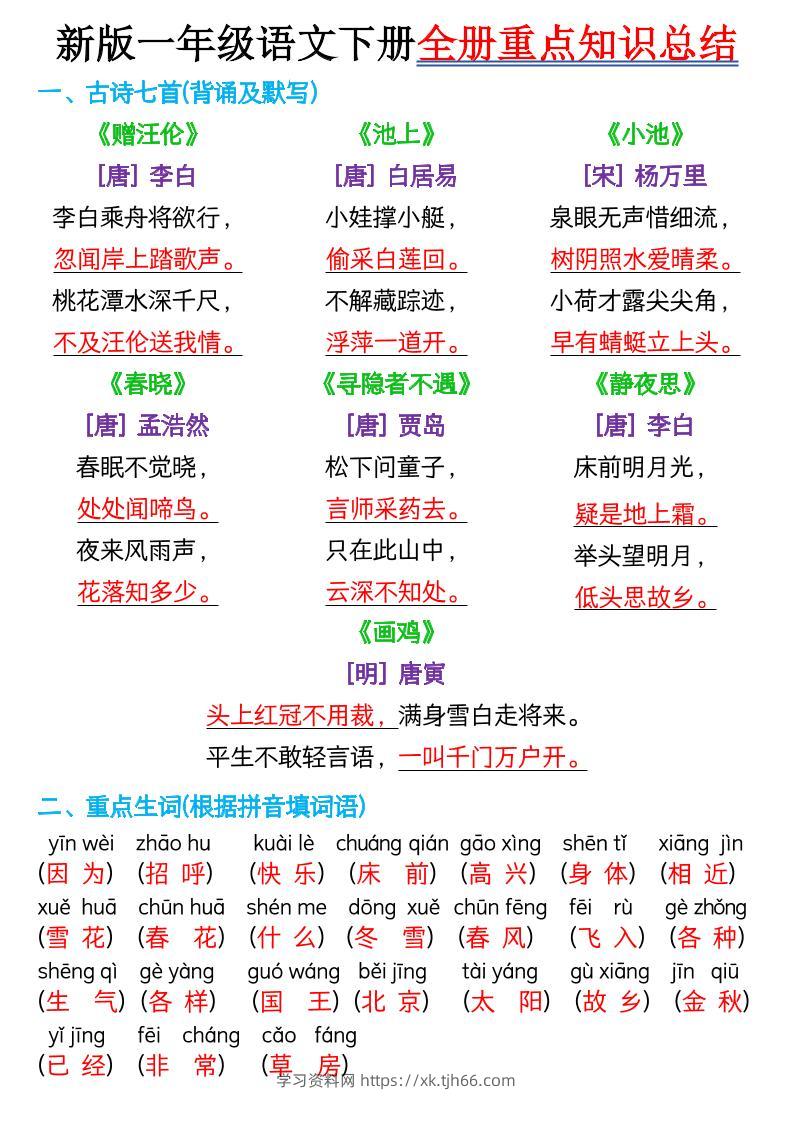 【知识点】新版一年级语文下册全册重点知识总结-7页-学习资料站
