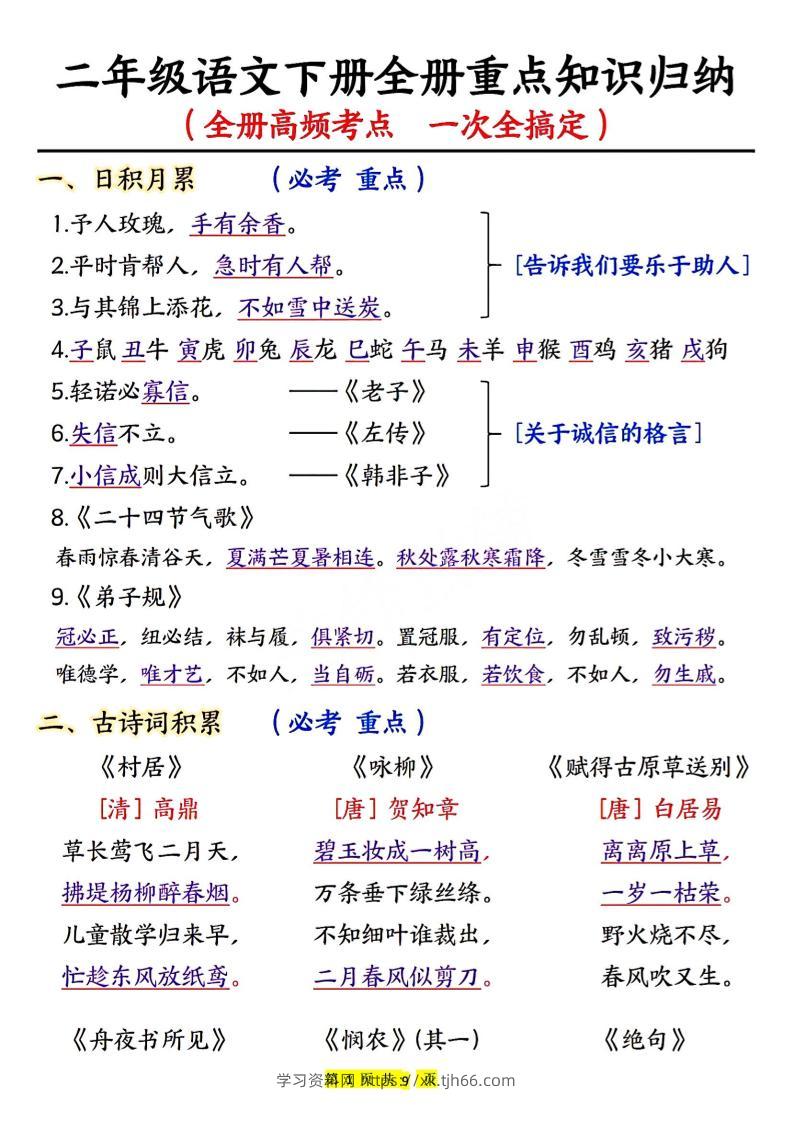 二下语文期末考试全册高频考点-学习资料站