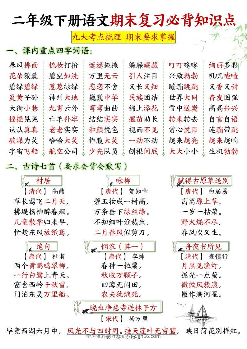 二下语文期末复习必背知识点九大考点梳理12页-学习资料站