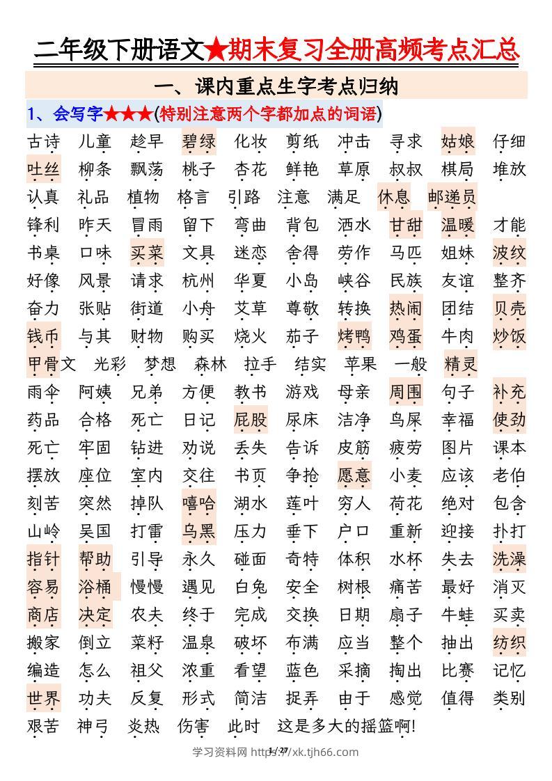 二下语文期末复习全册高频考点必考知识点汇总（27页）-学习资料站