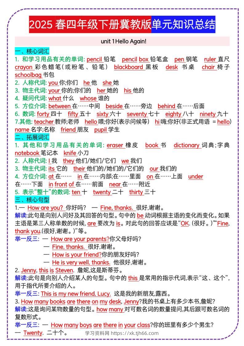 四下英语冀单元知识总结-学习资料站