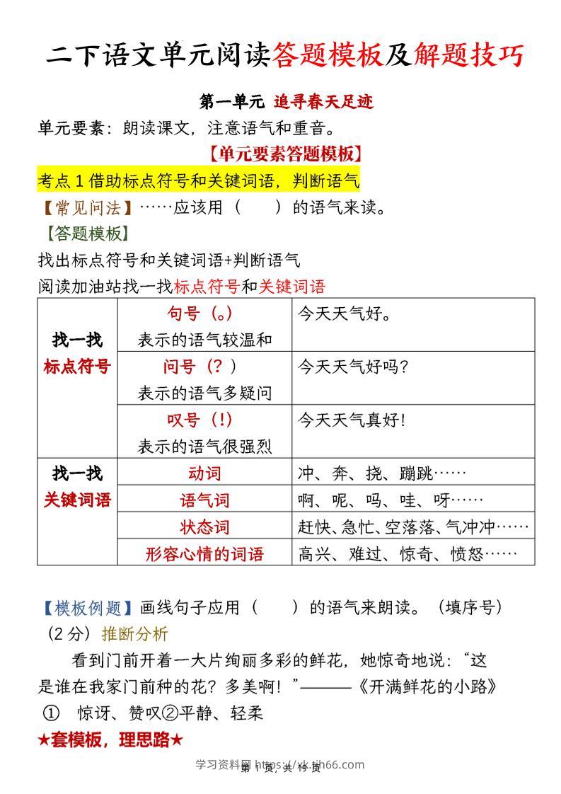 【阅读】二下语文1-8单元阅读答题模板及解题技巧（19页）-学习资料站