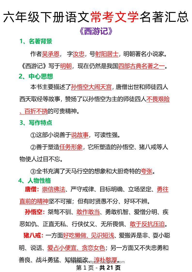 语文六年级下册常考文学名著汇总-学习资料站
