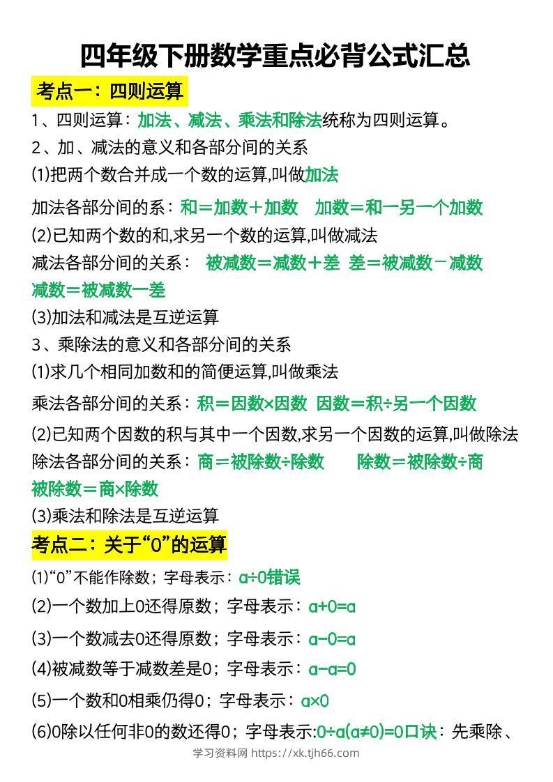 四年级下册数学重点必背公式汇总-学习资料站