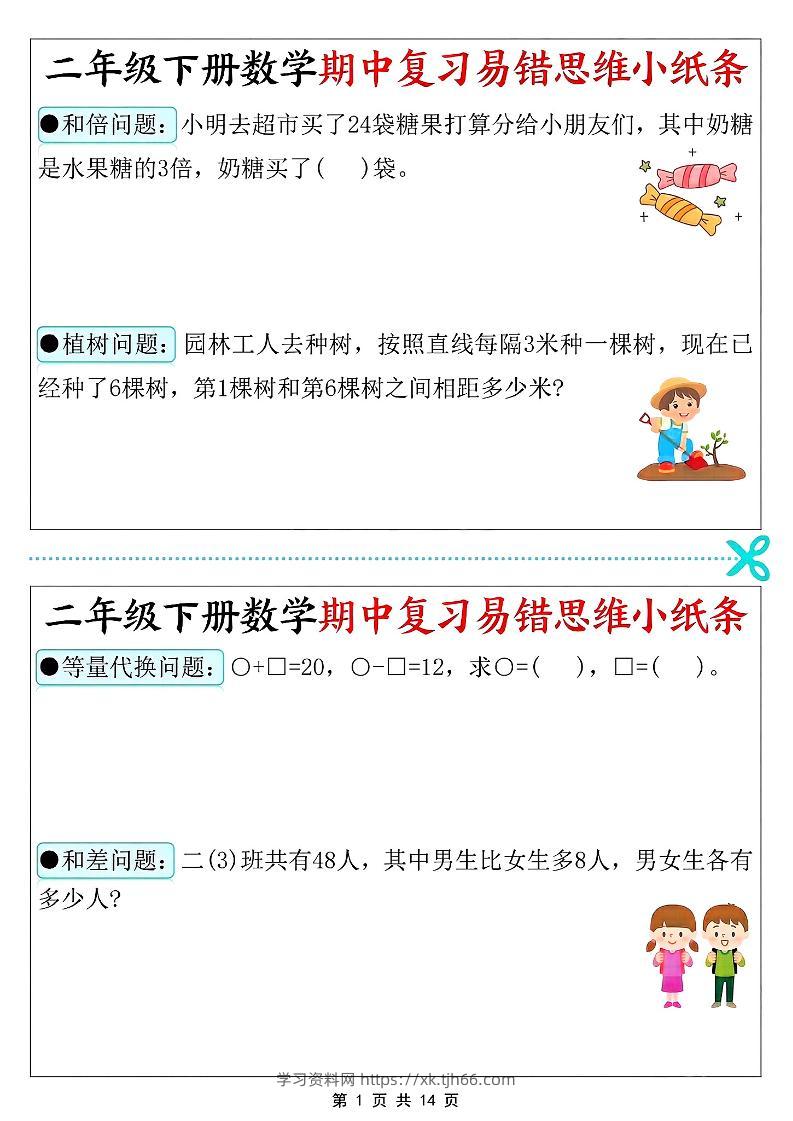 二年级下册数学期中复习易错思维小纸条-学习资料站