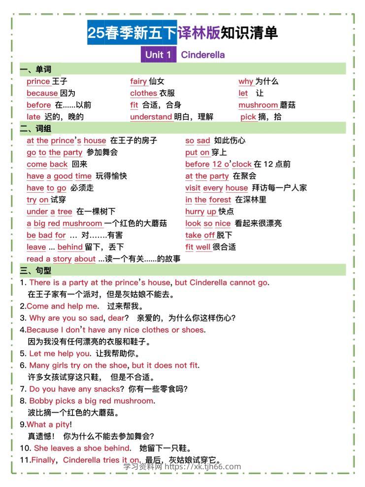 五下译林英语知识清单-学习资料站