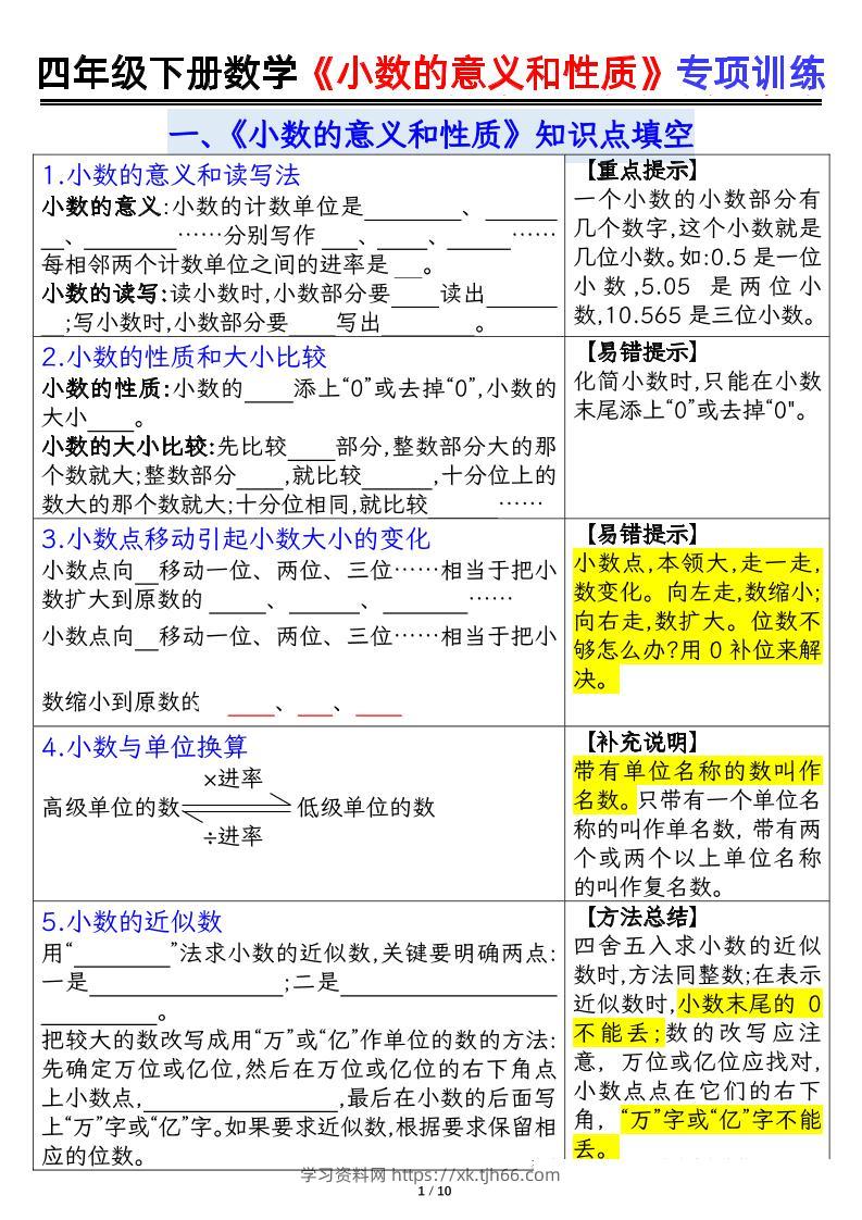 四下数学【小数的意义（空白）】-学习资料站