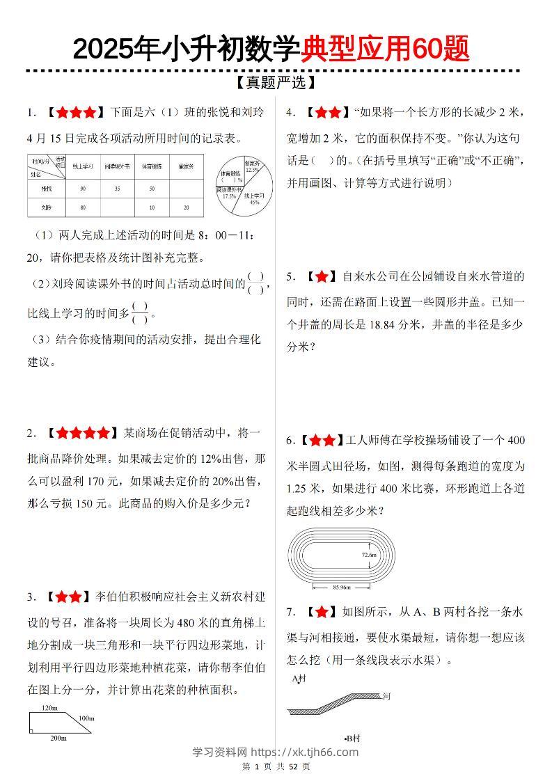 六下数学（小升初）典型应用60题-学习资料站