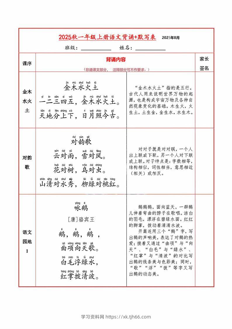 【暑假】一上语文必背内容+默写表-学习资料站