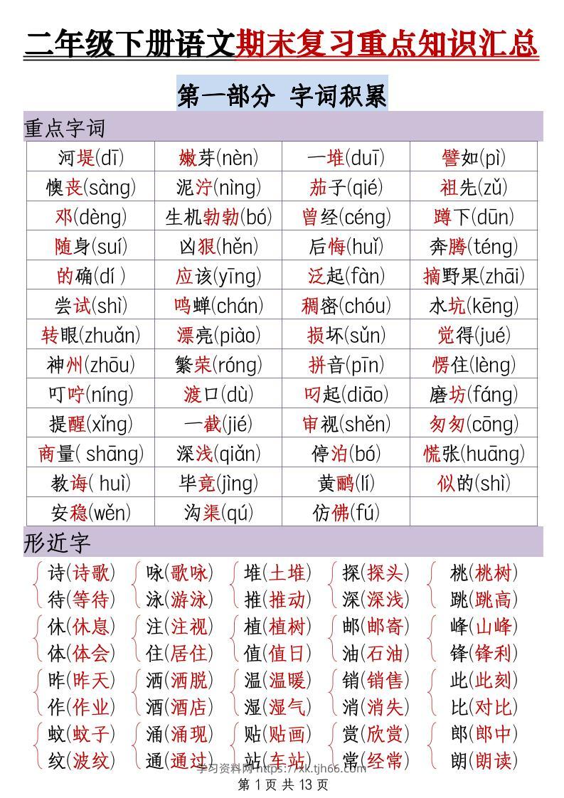 二下语文期末复习重点知识汇总（13页）-学习资料站