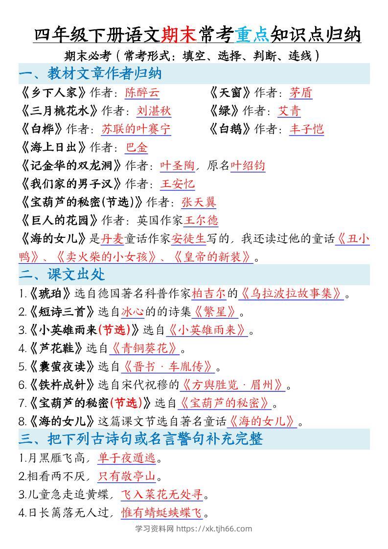 四年级下册语文期末常考重点知识点归纳-学习资料站