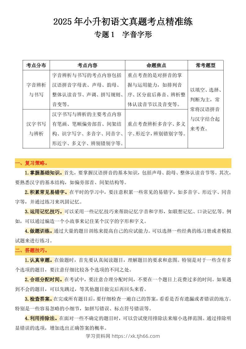 小升初语文备考真题分类汇编专题1字音字形-学习资料站
