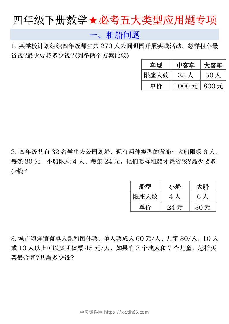 四下数学期末必考五大类型应用题（有答案）-学习资料站