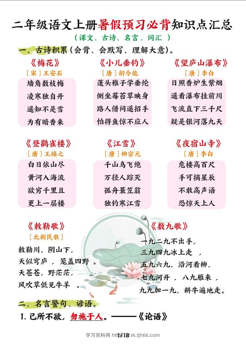 二年级语文上册暑假预习必背知识点汇总-学习资料站