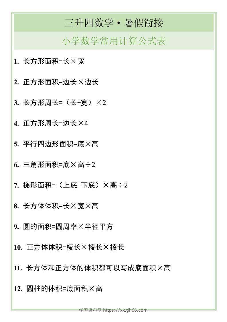 三升四暑假衔接，小学数学常用计算公式表-四上数学-学习资料站