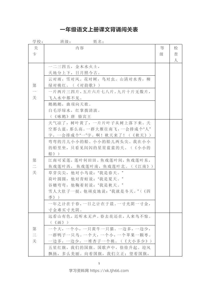 一年级上册语文背诵课文内容及闯关表-学习资料站