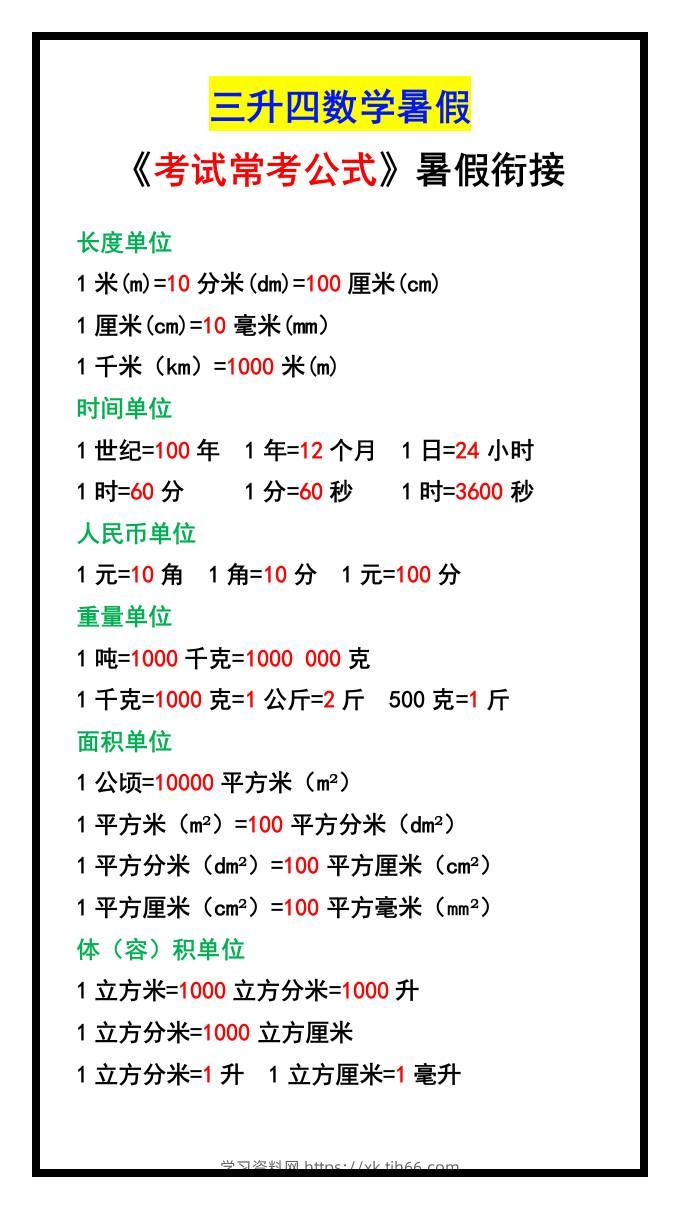 三升四数学暑假《考试常考公式》大汇总-四上数学-学习资料站